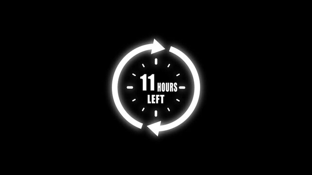 White glowing neon clock with circular arrows indicating eleven hours remaining against a stark black background for countdown timers and promotional events Keywords: countdown, timer, clock
