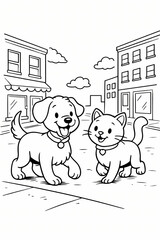 Cute dog and cat walking together in city street coloring page for kids