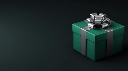A teal gift box tied with a silver ribbon and bow on a dark background