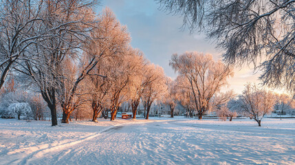 Beautiful Panoramic Winter Landscape of Sunlit Snow Covered Trees and White Field