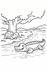Friendly crocodile and turtle by the river for kids coloring page