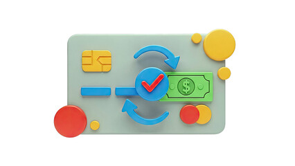 3D Render of Credit Card Transaction with Checkmark and Currency