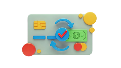 3D Render of Credit Card Transaction with Checkmark and Currency