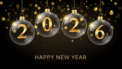 Clear glass Christmas ornaments with 2026 in gold on black background