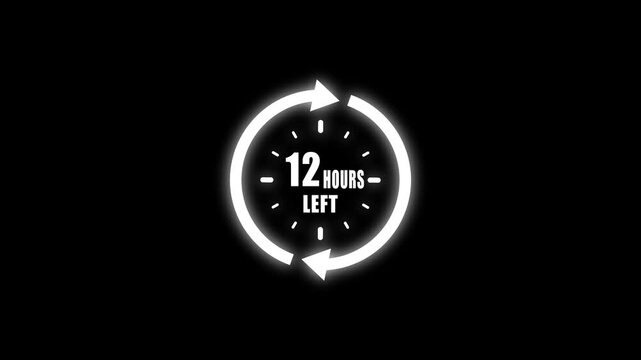 Glowing white neon clock symbol with circular arrows showing twelve hours left against a dark black background representing time limits and urgent notifications Keywords: countdown, timer, clock