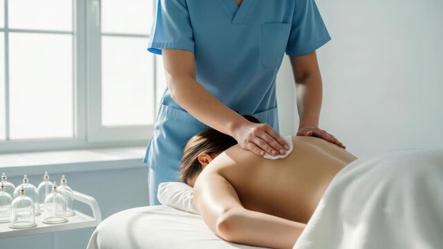 Woman getting ready for cupping therapy at a spa, a rejuvenating experience with a focus on