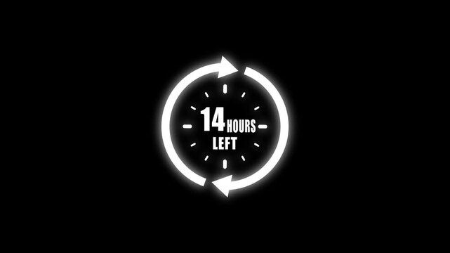 White neon clock with circular arrows indicating fourteen hours left against a pure black background for countdowns and time-sensitive promotions Keywords: countdown, timer, clock, hours, left