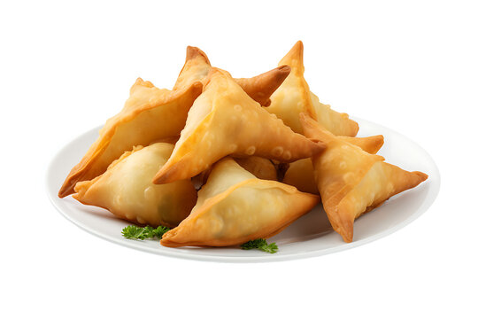 Samosas crispy golden fried snacks with vegetable filling and parsley garnish on a white plate delicious indian appetizer isolated on transparent background