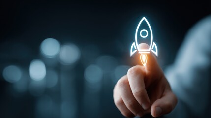 Glowing rocket above a finger, blurred background, conceptual startup idea