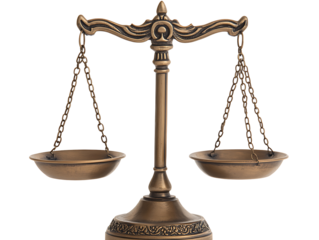 Vintage bronze justice scales of balance legal symbol for law order and court system object for lawyer concept isolated on transparent background