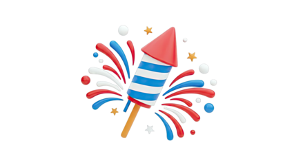 3D Firework Rocket with Red, White, and Blue Explosions