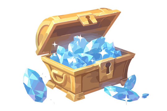 Cofre del tesoro abierto lleno de gemas de cristal azul brillante y transparente sobre fondo blanco.
