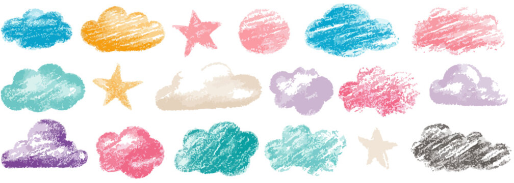 Nubes de colores y estrellas dibujadas con crayones sobre fondo blanco, estilo infantil y transparente
