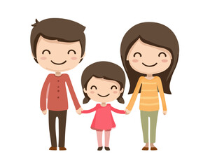 Familia feliz de tres personas, padre, madre e hija, tomados de la mano y sonriendo en un fondo blanco transparente.