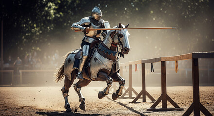 Medieval Knight Jousting on a Mechanical Horse, Cinematic Jousting Scene With Knight and Mechanical Steed, Professional Photo of Futuristic Medieval Jousting.