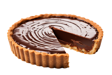 Chocolate tart with a slice removed showing thick ganache filling and buttery shortcrust pastry dessert isolated on transparent background