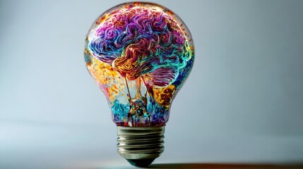 a light bulb filled with a brain shape at the top. Luminous colors, white background,
