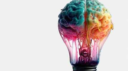 a light bulb filled with a brain shape at the top. Luminous colors, white background,