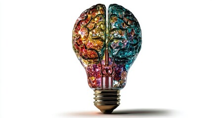 a light bulb filled with a brain shape at the top. Luminous colors, white background,