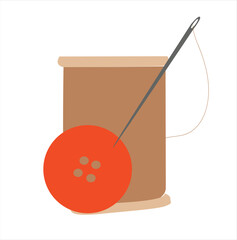 thread, needle and buttons. Needle and thread, spool and button.