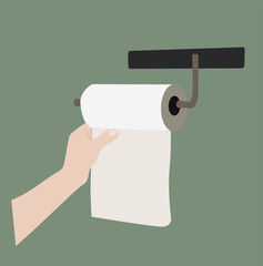 toilet paper rolls. hand taking toilet paper