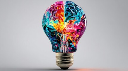 a light bulb filled with a brain shape at the top. Luminous colors, white background,