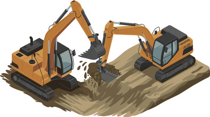 Isometric excavators working on excavation site digging soil construction machinery 3D vector illustration industrial equipment concept © Najmul