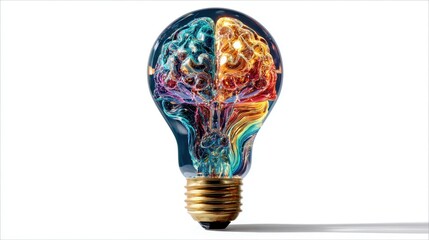 a light bulb filled with a brain shape at the top. Luminous colors, white background,