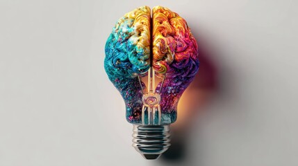 a light bulb filled with a brain shape at the top. Luminous colors, white background,