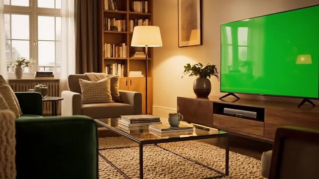 Cozy living room with green screen TV on wooden console table