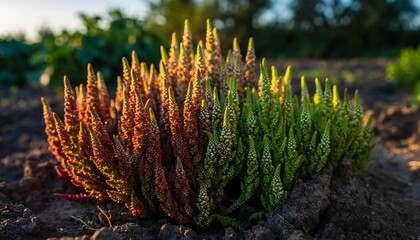 Vibrant Horsetail Plant Illuminated by Golden Sunlight in a Natural Setting.