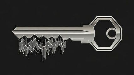 Digital key with abstract data network teeth representing modern security.