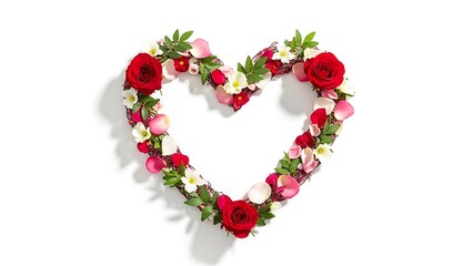 Obraz premium A heart-shaped arrangement of red and pink roses with green leaves on a white background, viewed from above