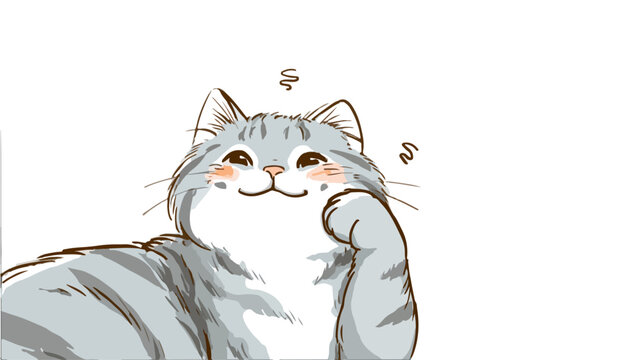 Adorable ilustraci&oacute;n de gato atigrado gris sonriendo felizmente con mejillas sonrojadas sobre fondo transparente.