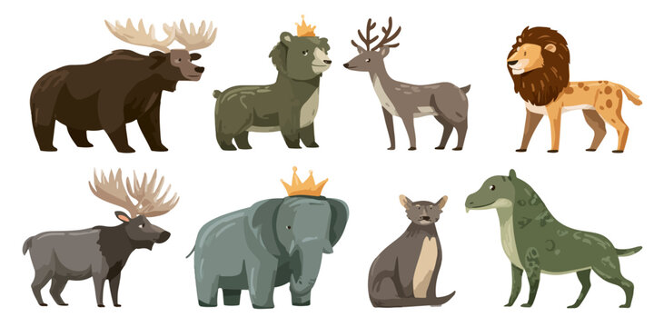 Colecci&oacute;n de animales de dibujos animados con coronas, incluyendo alces, osos, ciervos, leones y elefantes.