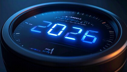 Futuristic LED digits display “2026” in bright blue on a sleek, high-tech metallic interface with glowing accents.