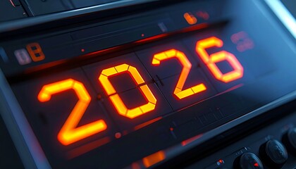 Futuristic LED digits display “2026” in bright blue on a sleek, high-tech metallic interface with glowing accents.