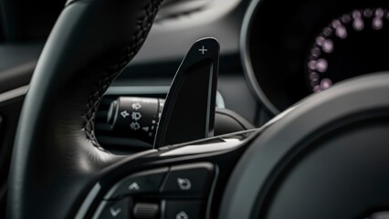 Close-up of a modern cars steering wheel with paddle shifters.