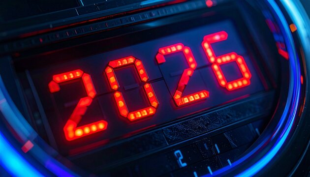 Futuristic LED digits display “2026” in bright blue on a sleek, high-tech metallic interface with glowing accents. - Powered by Adobe