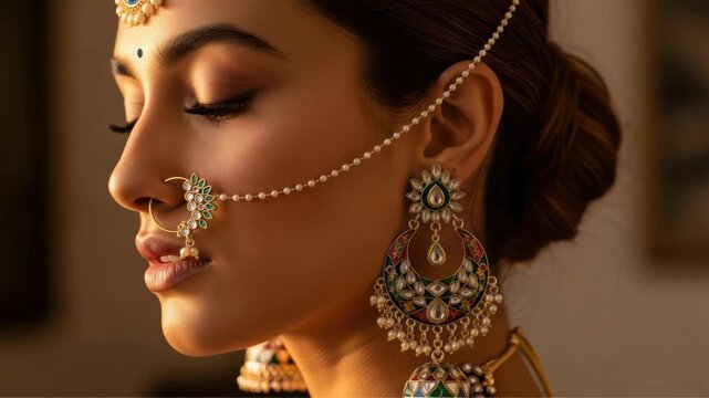 Elegant Indian Bride Adorned in Traditional Jewelry: A Close-Up Profile View Video
