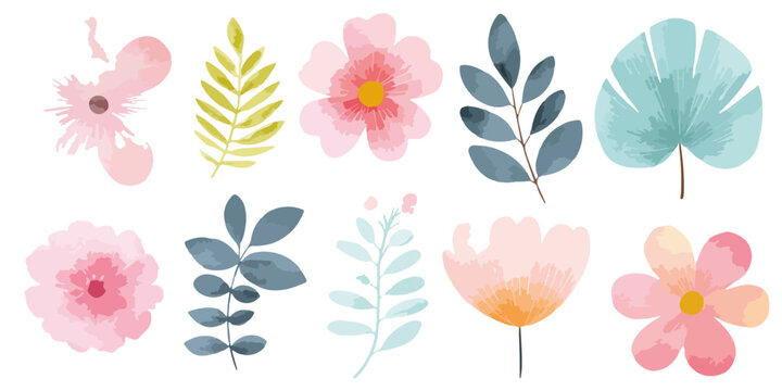 Colecci&oacute;n de elementos florales y hojas en acuarela con tonos pastel sobre fondo blanco aislado.