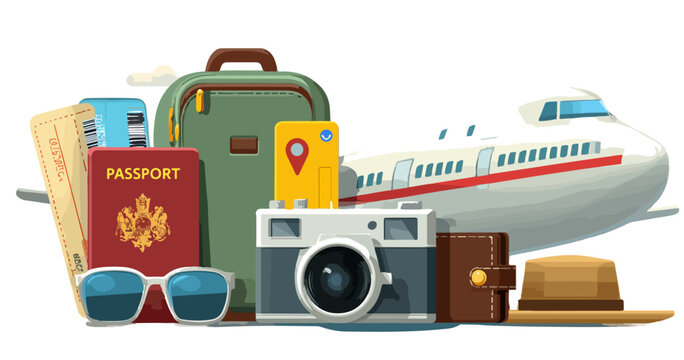 Colecci&oacute;n de art&iacute;culos esenciales para viajar, incluyendo maleta, pasaporte, c&aacute;mara y avi&oacute;n sobre fondo blanco.