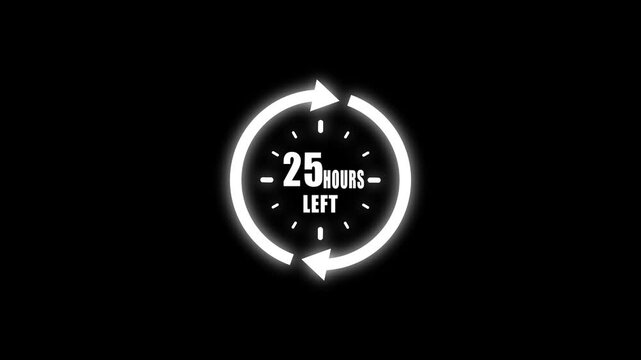 White glowing circular timer indicating twenty five hours remaining with two arrows and dash markers on a black background with a bright neon outline
