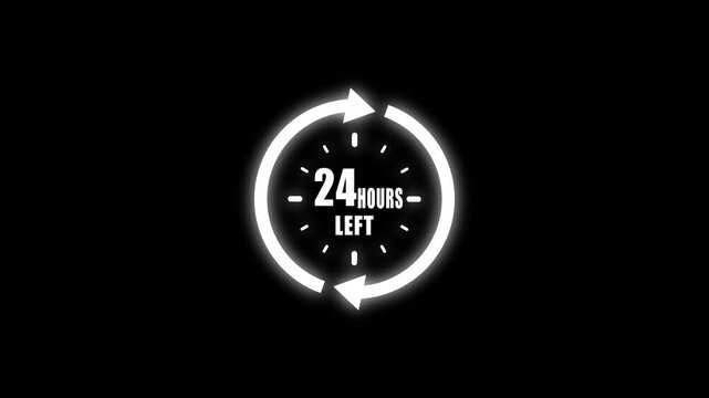 White glowing circular timer displaying twenty four hours left with opposing arrows and tick marks on a black background with a subtle luminous effect
