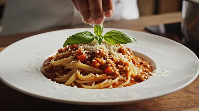 Chef preparing pasta dish in a commercial kitchen with sunlight