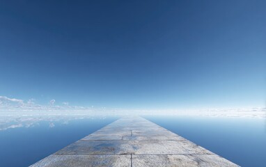 Fototapeta premium Concrete pathway extends towards bright blue sky horizon reflection