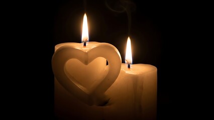Two lit candles with one heart-shaped candle in the dark