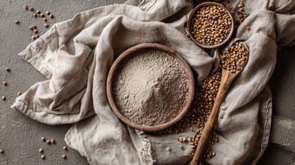 Buckwheat groats and flour in rustic wooden bowls on linen cloth