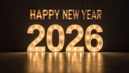 Illuminated marquee letters spell &ldquo;HAPPY NEW YEAR 2026&rdquo; in warm festive lights against a dark backdrop.