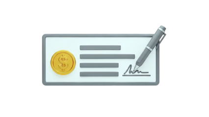 3D Rendering of a Check with a Gold Coin and Signature